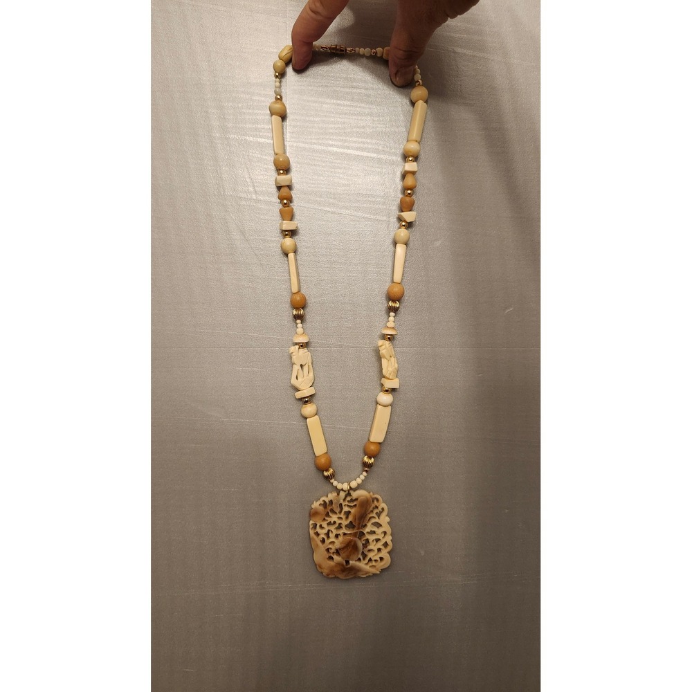 Necklace Handmade Carved Bone Pendant Beads Tribal 15" Boho Ethnic Style Jewelry